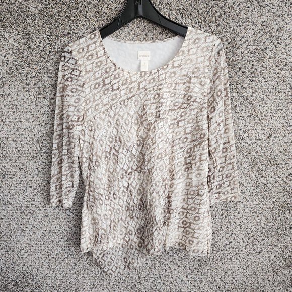 Chicos Top Womens 1 US Medium Beige Ruffle Mesh Lined Stretch Casual Ladies - Picture 1 of 7